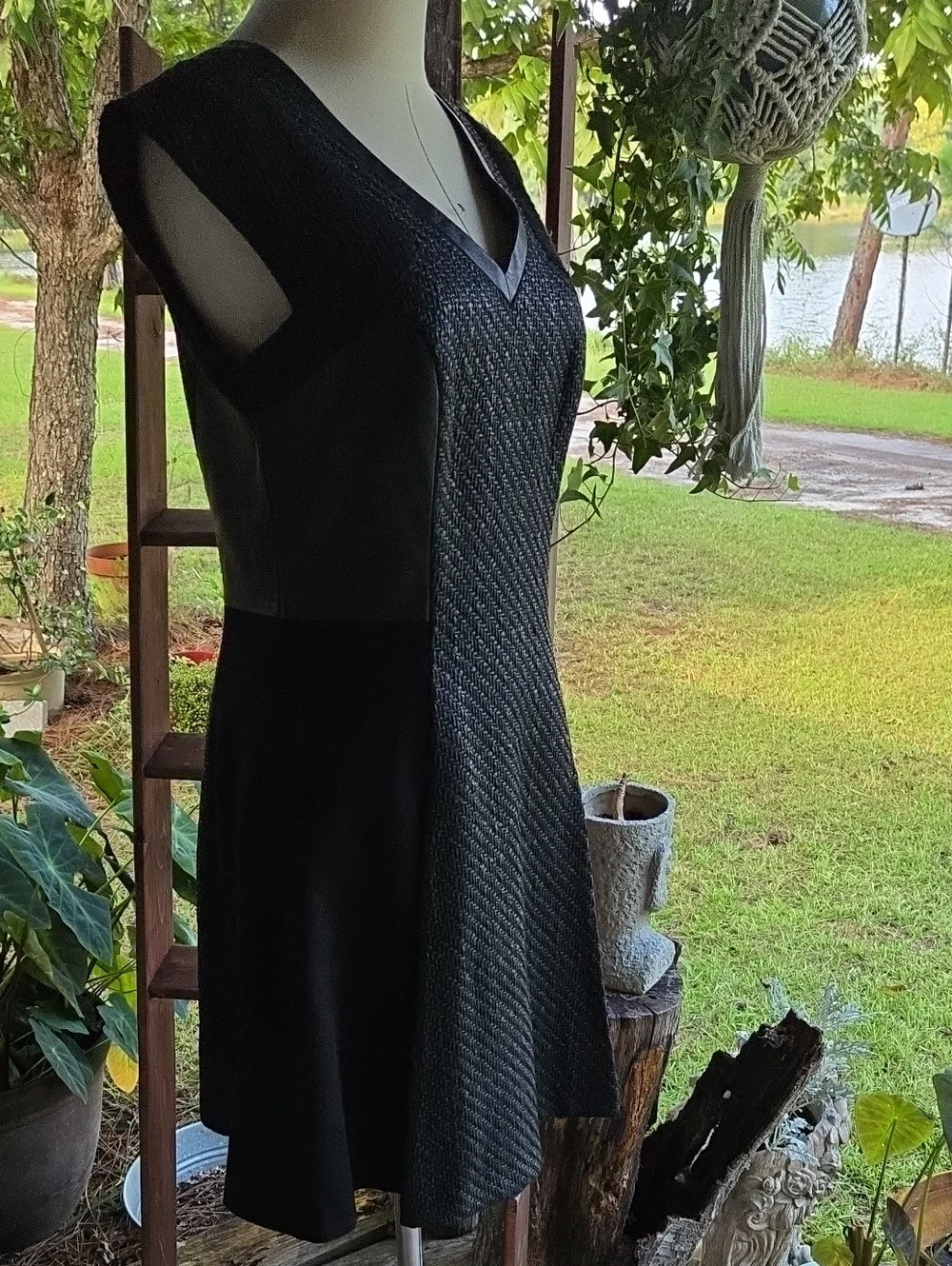 Rebecca Taylor Black Tweed Midi Dress With Lamb Leather Trim Size 6